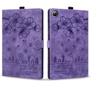 For Samsung Galaxy Tab A9 Cartoon Sakura Cat Embossed Leather Tablet Case(Purple)