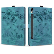 For Samsung Galaxy Tab S9 FE Cartoon Sakura Cat Embossed Leather Tablet Case(Green)