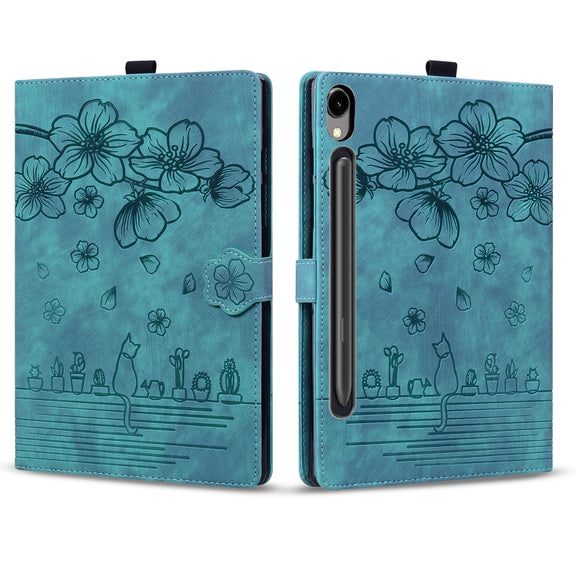 For Samsung Galaxy Tab S9 FE Cartoon Sakura Cat Embossed Leather Tablet Case(Green)