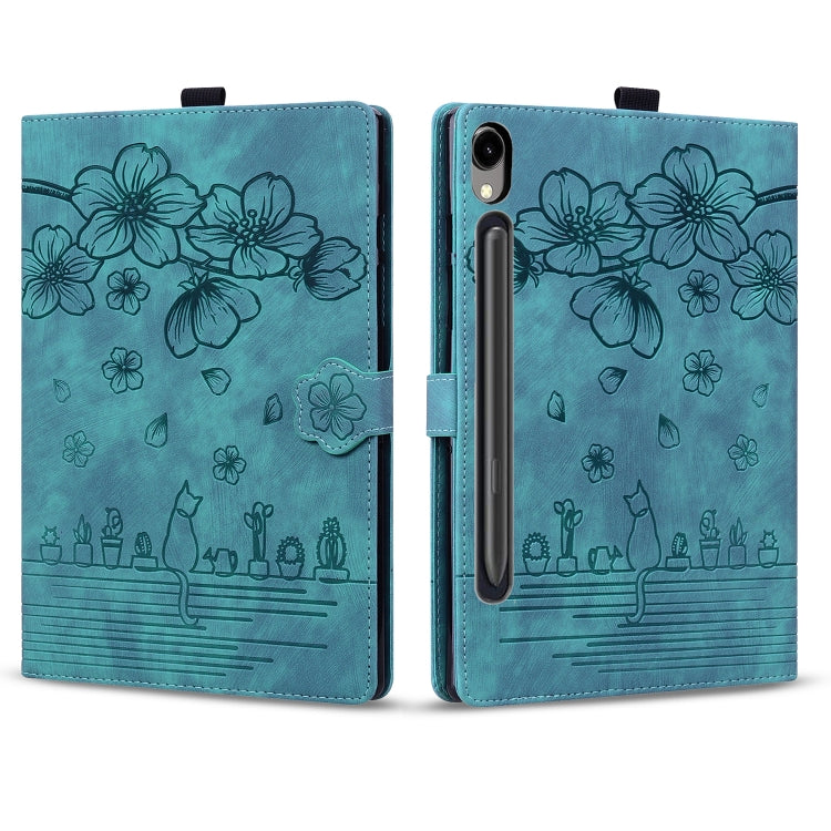 For Samsung Galaxy Tab S9 FE Cartoon Sakura Cat Embossed Leather Tablet Case(Green)