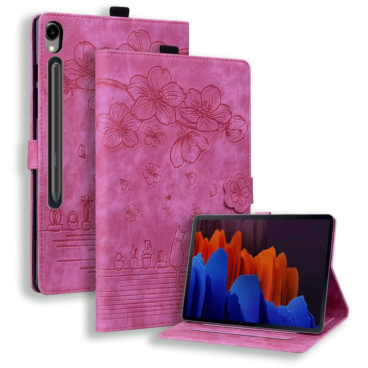 For Samsung Galaxy Tab S9 FE Cartoon Sakura Cat Embossed Leather Tablet Case(Rose Red)