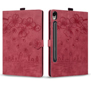 For Samsung Galaxy Tab S9 FE Cartoon Sakura Cat Embossed Leather Tablet Case(Red)
