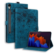 For Samsung Galaxy Tab S9 FE Cartoon Sakura Cat Embossed Leather Tablet Case(Blue)