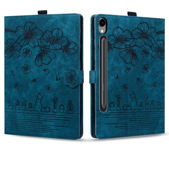 For Samsung Galaxy Tab S9 FE Cartoon Sakura Cat Embossed Leather Tablet Case(Blue)