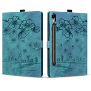 For Samsung Galaxy Tab S9 FE+ Cartoon Sakura Cat Embossed Leather Tablet Case(Green)