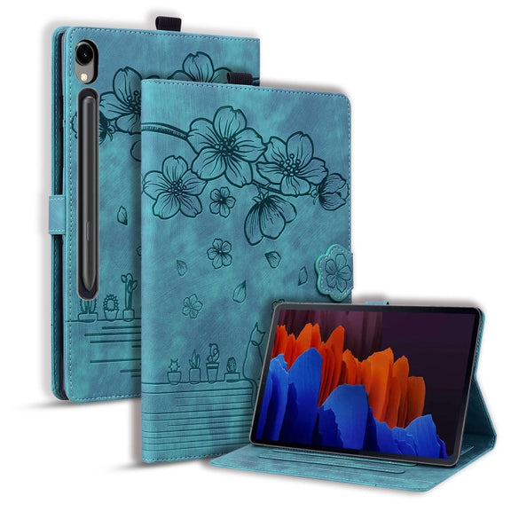 For Samsung Galaxy Tab S9 FE+ Cartoon Sakura Cat Embossed Leather Tablet Case(Green)