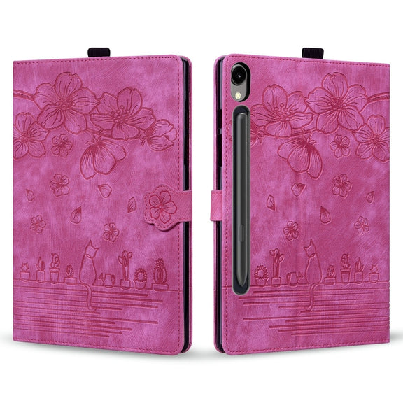 For Samsung Galaxy Tab S9 FE+ Cartoon Sakura Cat Embossed Leather Tablet Case(Rose Red)