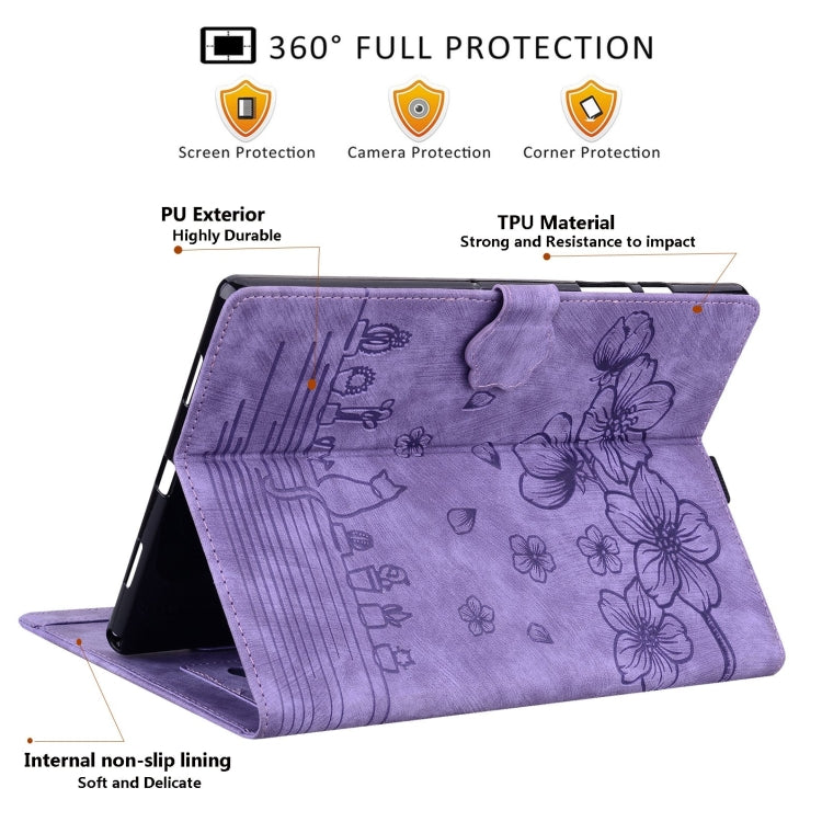 For Samsung Galaxy Tab S9 FE+ Cartoon Sakura Cat Embossed Leather Tablet Case(Purple)