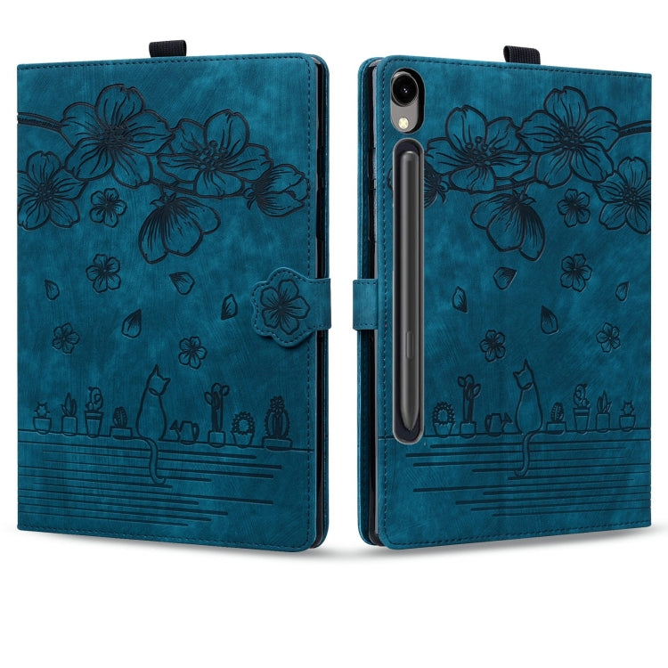 For Samsung Galaxy Tab S9 FE+ Cartoon Sakura Cat Embossed Leather Tablet Case(Blue)