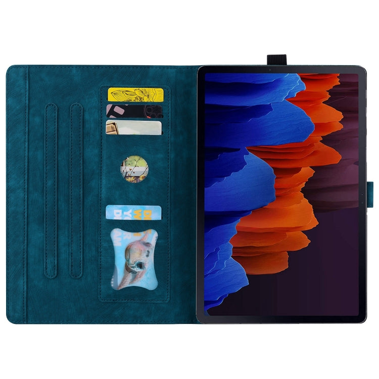 For Samsung Galaxy Tab S9 FE+ Cartoon Sakura Cat Embossed Leather Tablet Case(Blue)