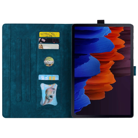 For Samsung Galaxy Tab S9 FE+ Cartoon Sakura Cat Embossed Leather Tablet Case(Blue)