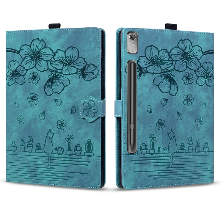 For Lenovo Tab P12 12.7 Cartoon Sakura Cat Embossed Leather Tablet Case(Green)