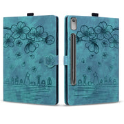 For Lenovo Tab P12 12.7 Cartoon Sakura Cat Embossed Leather Tablet Case(Green)