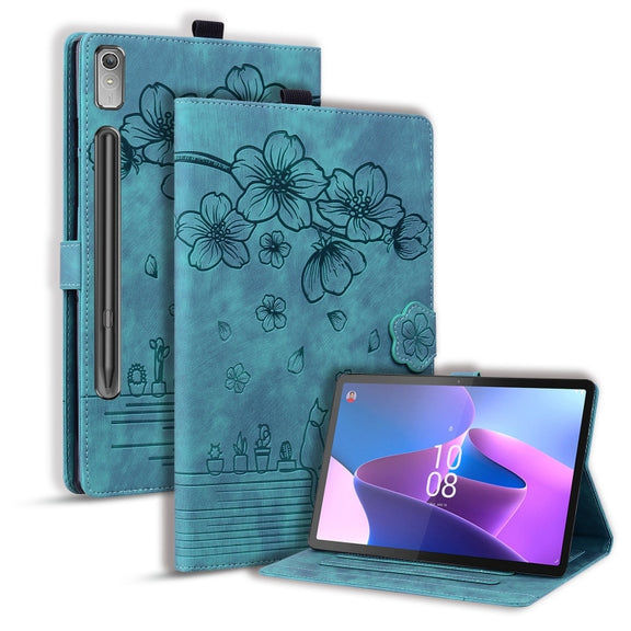 For Lenovo Tab P12 12.7 Cartoon Sakura Cat Embossed Leather Tablet Case(Green)