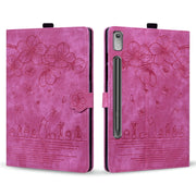 For Lenovo Tab P12 12.7 Cartoon Sakura Cat Embossed Leather Tablet Case(Rose Red)