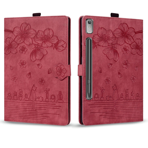 For Lenovo Tab P12 12.7 Cartoon Sakura Cat Embossed Leather Tablet Case(Red)