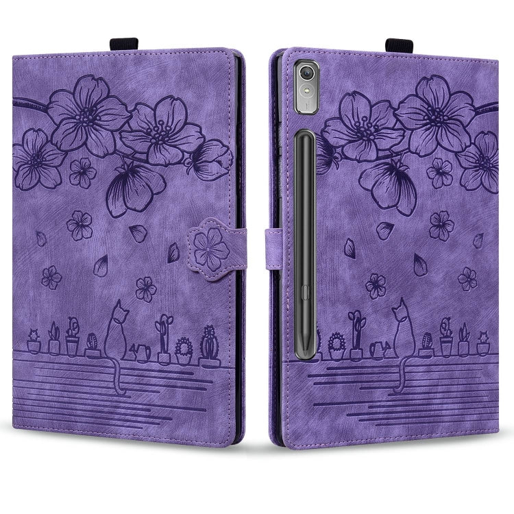 For Lenovo Tab P12 12.7 Cartoon Sakura Cat Embossed Leather Tablet Case(Purple)