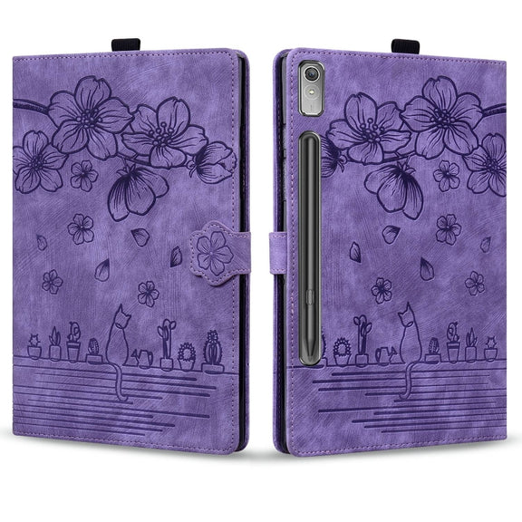 For Lenovo Tab P12 12.7 Cartoon Sakura Cat Embossed Leather Tablet Case(Purple)