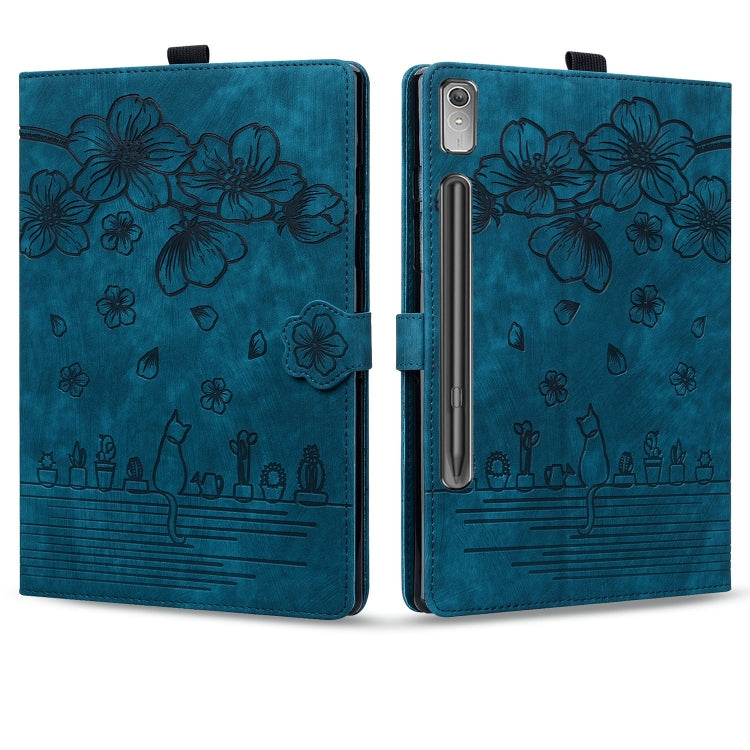 For Lenovo Tab P12 12.7 Cartoon Sakura Cat Embossed Leather Tablet Case(Blue)