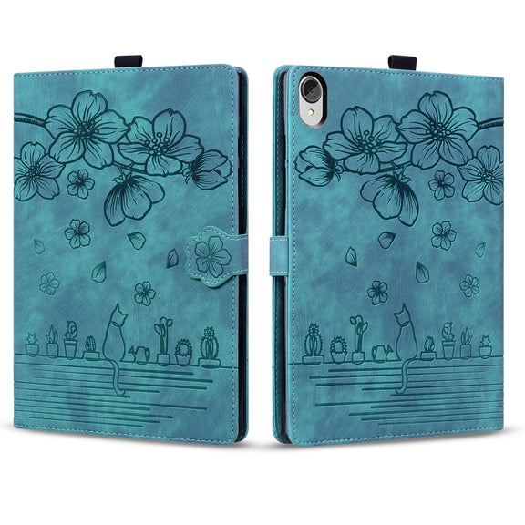 For Lenovo Tab P11 TB-J606F Cartoon Sakura Cat Embossed Leather Tablet Case(Green)
