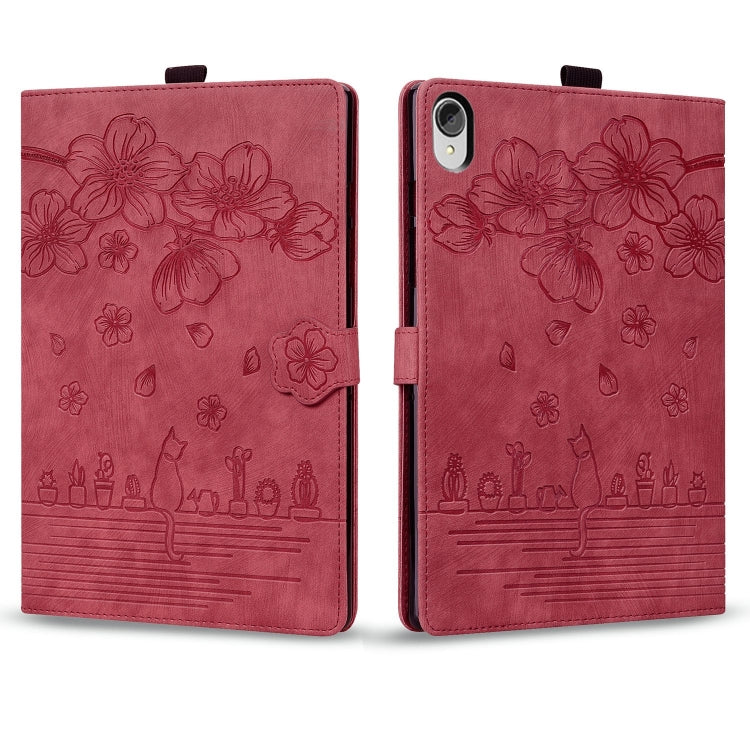 For Lenovo Tab P11 TB-J606F Cartoon Sakura Cat Embossed Leather Tablet Case(Red)