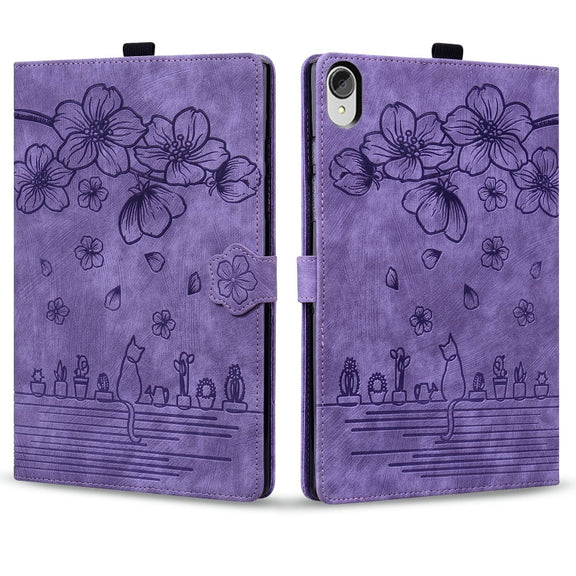 For Lenovo Tab P11 TB-J606F Cartoon Sakura Cat Embossed Leather Tablet Case(Purple)