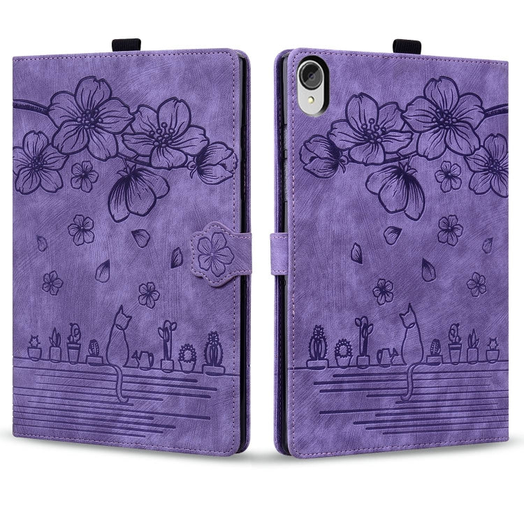 For Lenovo Tab P11 TB-J606F Cartoon Sakura Cat Embossed Leather Tablet Case(Purple)