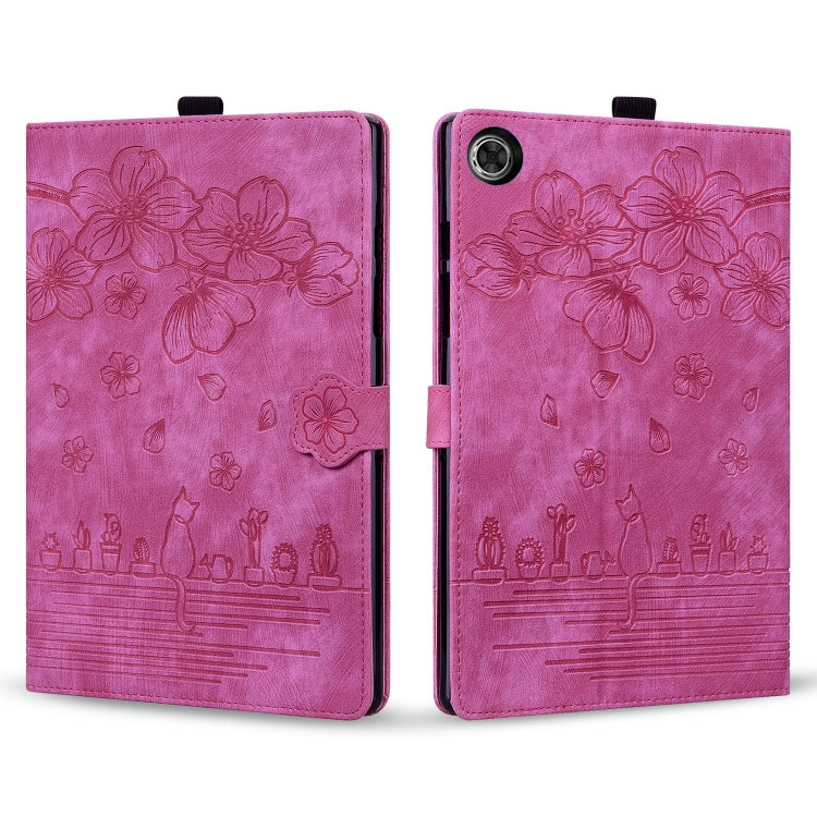 For Lenovo Tab M10 Plus 3rd Gen 2022 Cartoon Sakura Cat Embossed Leather Tablet Case(Rose Red)