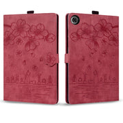 For Lenovo Tab M10 Plus 3rd Gen 2022 Cartoon Sakura Cat Embossed Leather Tablet Case(Red)
