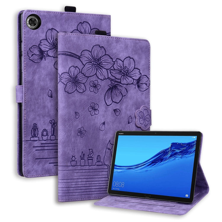 For Lenovo Tab M10 Plus 3rd Gen 2022 Cartoon Sakura Cat Embossed Leather Tablet Case(Purple)