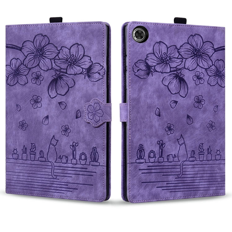 For Lenovo Tab M10 Plus 3rd Gen 2022 Cartoon Sakura Cat Embossed Leather Tablet Case(Purple)