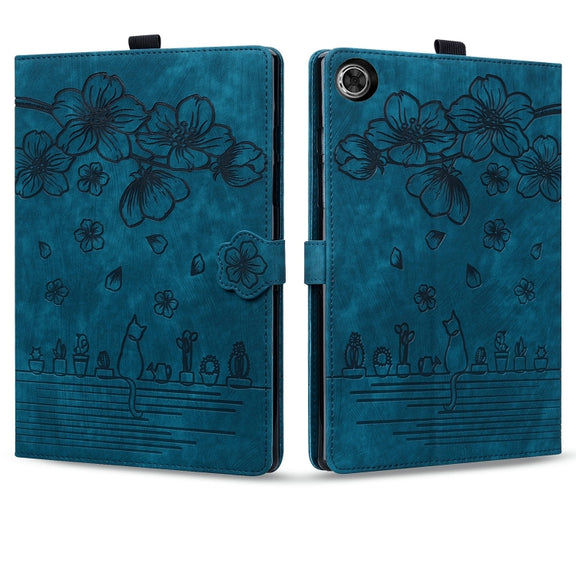 For Lenovo Tab M10 Plus 3rd Gen 2022 Cartoon Sakura Cat Embossed Leather Tablet Case(Blue)