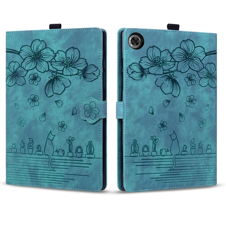 For Lenovo Tab M10 3rd Gen Cartoon Sakura Cat Embossed Leather Tablet Case(Green)