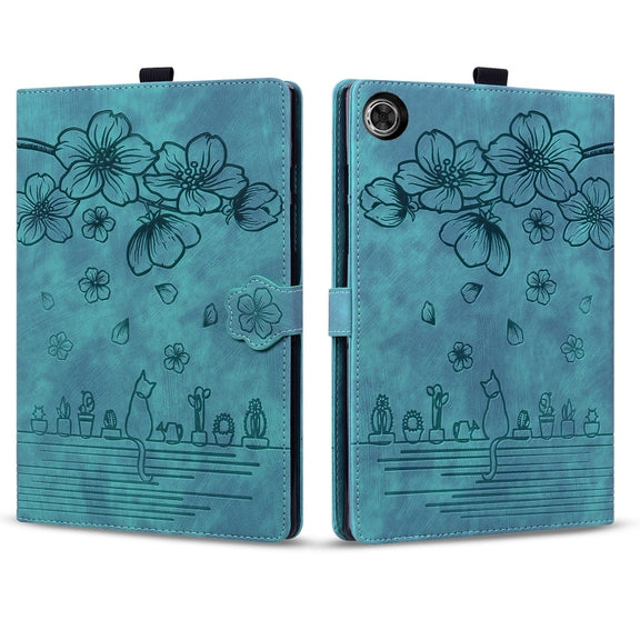 For Lenovo Tab M10 3rd Gen Cartoon Sakura Cat Embossed Leather Tablet Case(Green)
