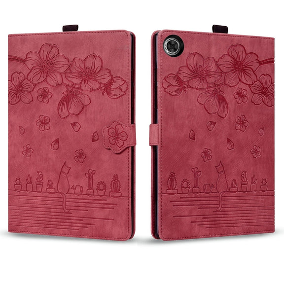 For Lenovo Tab M10 3rd Gen Cartoon Sakura Cat Embossed Leather Tablet Case(Red)