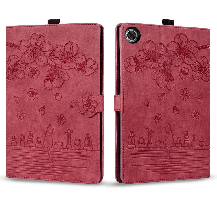 For Lenovo Tab M10 3rd Gen Cartoon Sakura Cat Embossed Leather Tablet Case(Red)