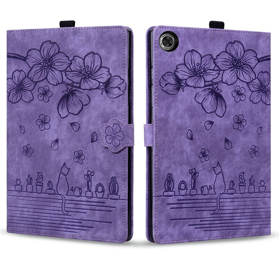 For Lenovo Tab M10 3rd Gen Cartoon Sakura Cat Embossed Leather Tablet Case(Purple)