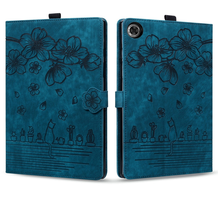 For Lenovo Tab M10 3rd Gen Cartoon Sakura Cat Embossed Leather Tablet Case(Blue)