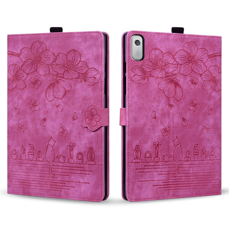 For Lenovo Tab M9 Cartoon Sakura Cat Embossed Leather Tablet Case(Rose Red)