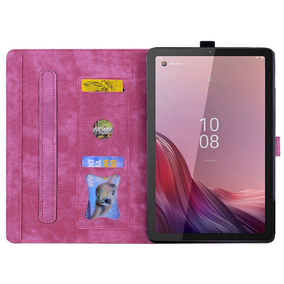 For Lenovo Tab M9 Cartoon Sakura Cat Embossed Leather Tablet Case(Rose Red)