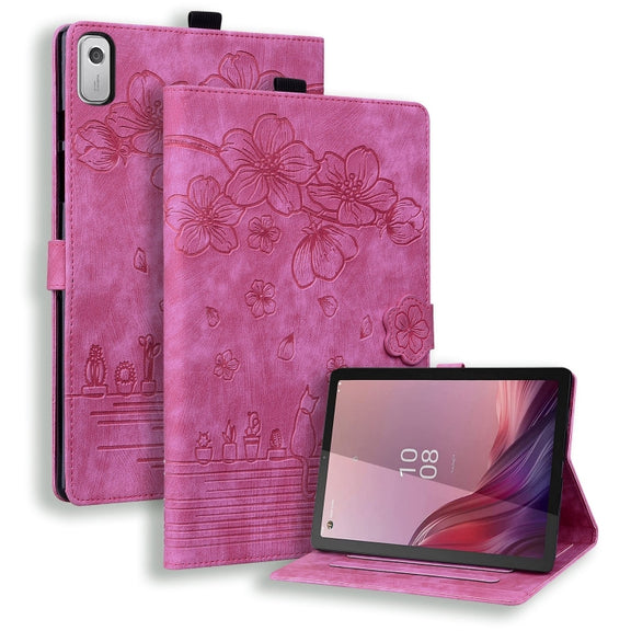 For Lenovo Tab M9 Cartoon Sakura Cat Embossed Leather Tablet Case(Rose Red)