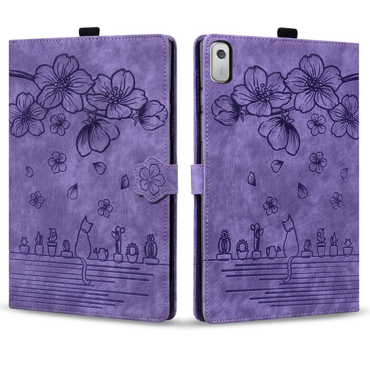 For Lenovo Tab M9 Cartoon Sakura Cat Embossed Leather Tablet Case(Purple)