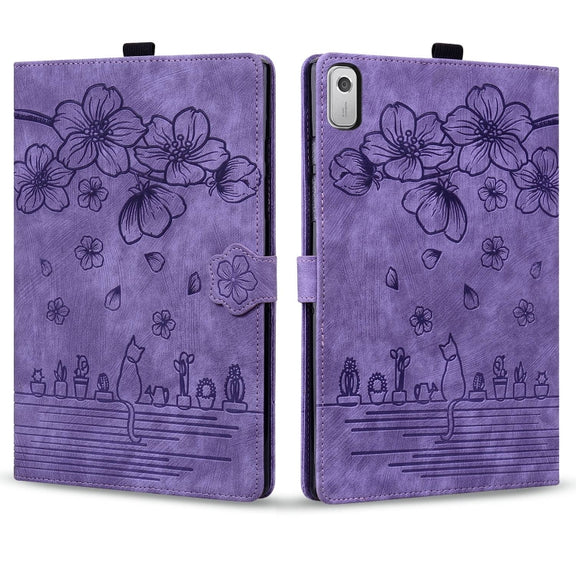 For Lenovo Tab M9 Cartoon Sakura Cat Embossed Leather Tablet Case(Purple)