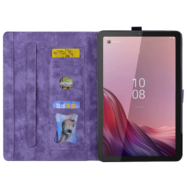 For Lenovo Tab M9 Cartoon Sakura Cat Embossed Leather Tablet Case(Purple)
