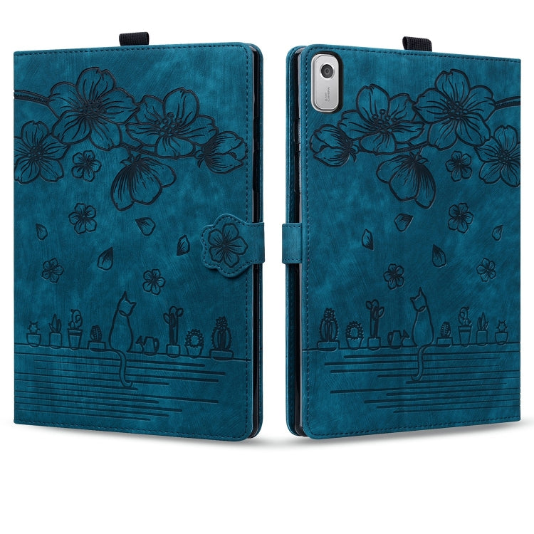 For Lenovo Tab M9 Cartoon Sakura Cat Embossed Leather Tablet Case(Blue)