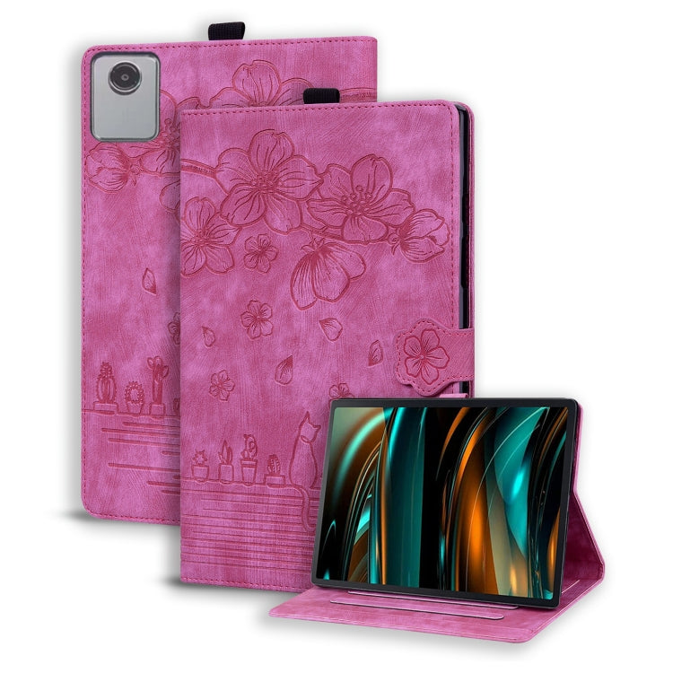 For Lenovo Tab M11 / Xiaoxin Pad 11 2024 Cartoon Sakura Cat Embossed Leather Tablet Case(Rose Red)