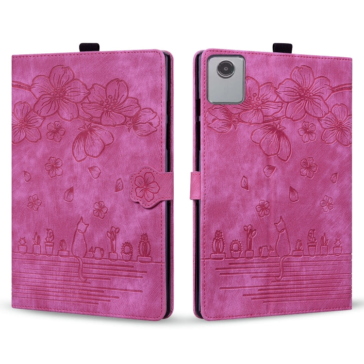 For Lenovo Tab M11 / Xiaoxin Pad 11 2024 Cartoon Sakura Cat Embossed Leather Tablet Case(Rose Red)
