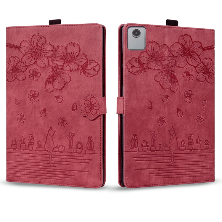 For Lenovo Tab M11 / Xiaoxin Pad 11 2024 Cartoon Sakura Cat Embossed Leather Tablet Case(Red)