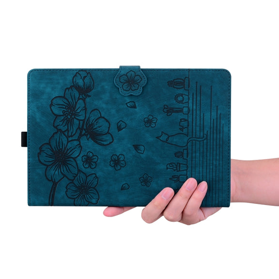 For Lenovo Tab M11 / Xiaoxin Pad 11 2024 Cartoon Sakura Cat Embossed Leather Tablet Case(Blue)