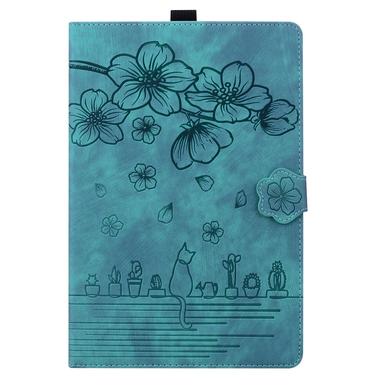 For Lenovo Tab K11 Plus / M11 Plus Cartoon Sakura Cat Embossed Leather Tablet Case(Green)
